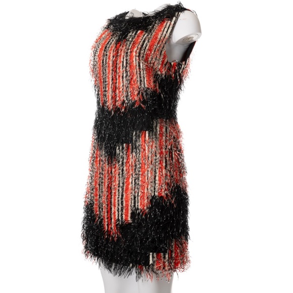 FENDI WOMEN’S ROMA FEATHER FRINGE COCKTAIL MINI DRESS, SIZE US 2, BLACK/RED - Picture 4 of 10